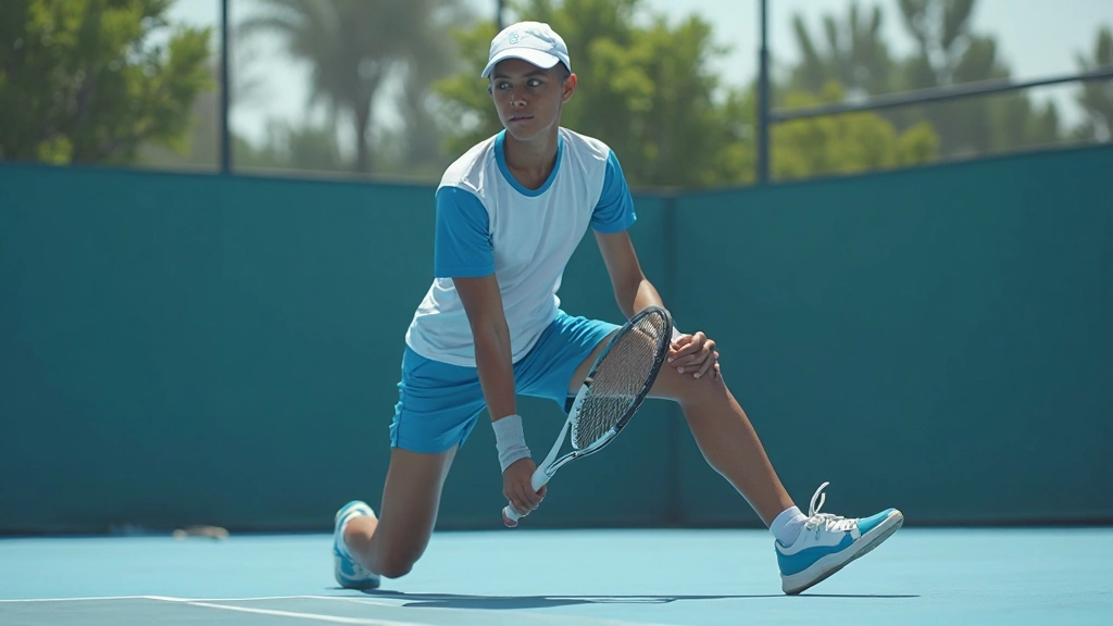 لاعبة تنس شابة تستعد للخدمة بتركيز وحماس على ملعب تنس خارجي مشمس