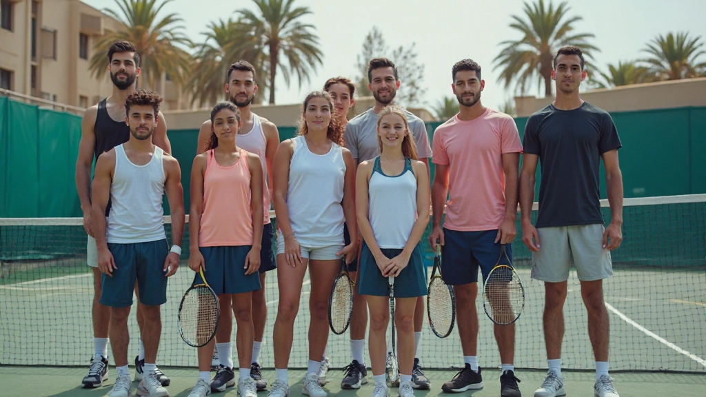 فريق تنس متعدد الجنسيات يقف معاً على ملعب التنس مع الإمارات في الخلفية