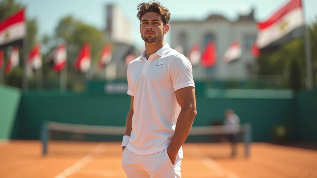 لاعب تنس محترف يقف على ملعب إقليمي مع أعلام دول مختلفة في الخلفية