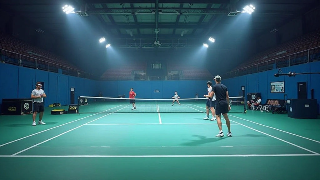ملعب تنس احترافي بإضاءة ديناميكية مع لاعبين يتدربون