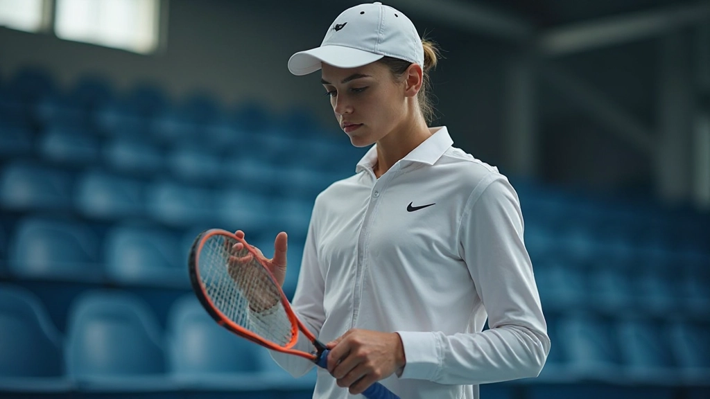 لاعب تنس ينظر إلى مضربه ومعدته الرياضية قبل البطولة