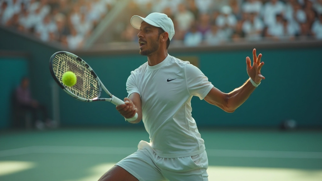 لاعب تنس محترف يستعد لتنفيذ ضربة قوية على ملعب احترافي مع حشد من المتفرجين