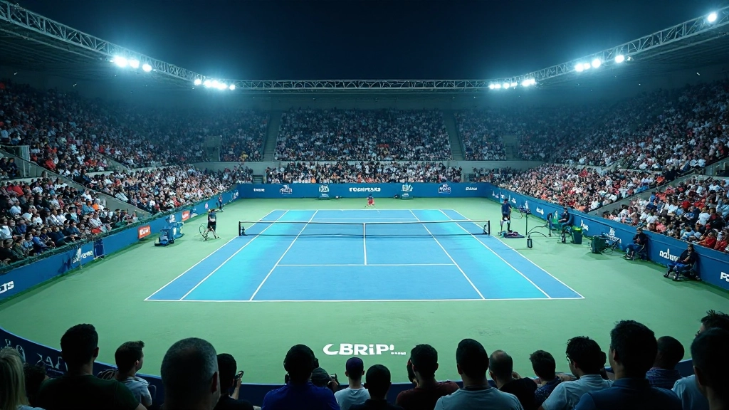 ملعب تنس احترافي مع لاعبين يتنافسون في بطولة